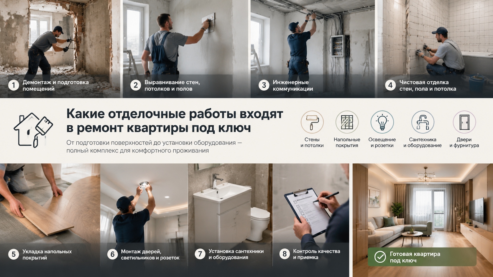 Какие отделочные работы входят в ремонт квартиры под ключ: полный перечень этапов