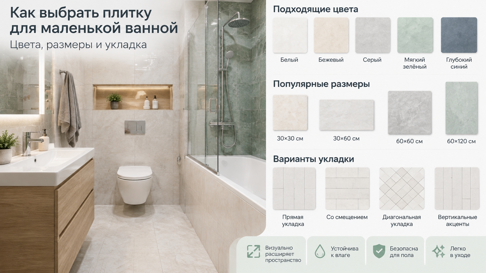 Как выбрать плитку для маленькой ванной: цвета, размеры и укладка